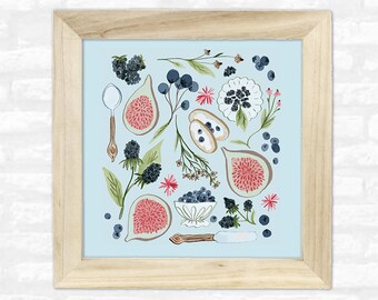Blueberry Breakfast Print // Giclee  // Kids Art //  Insects // Home Decor // Dark Blue // Glowing // Nature