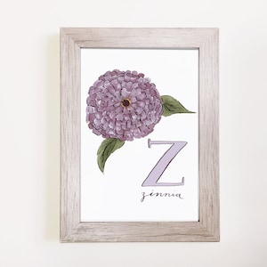 Z is for Zinnia - Botanical Alphabet Print 5&quot;x7&quot; //Monogram wall print, Personalized Monogram, monogram print, Custom monogram, Floral decor