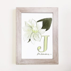 J é para Jasmim - Impressão de alfabeto botânico 5"x7" // Impressão de parede com monograma, Monograma floral, Impressão de monograma J, Monograma personalizado, Decoração floral