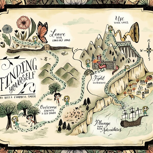 Finding Yourself - Giclee Print // Arte de pared para niños, Amante de los libros, Habitación para niños, Inspiración, Motivación, Ilustración de mapa