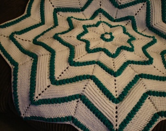 Baby Blanket crocheted in a Star design with white and teal green 8 ply acrylic yarn