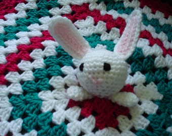 Security Blanket with Bunny with Deep Pink, Teal Green and White Blanket, also called Lovey in USA