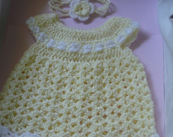 Baby Girls Dress and Headband Set - Yellow with white trim