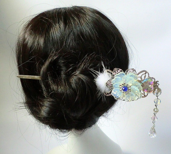 Silver Filigree Opalescent Glass Flower And Heart Chinese Hair Etsy