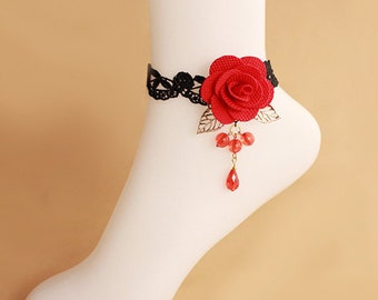 Bright Red Rose with Dangling Red Shiny Beads Anklet/ Red Rick Rack Rose Black Lace Anklet/ Ankle Collar/ Handmade Anklets Jewelry AB23
