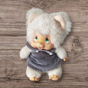 Very Cute Vintage Monchhichi Nyamy White Cat With Green Eyes Retro