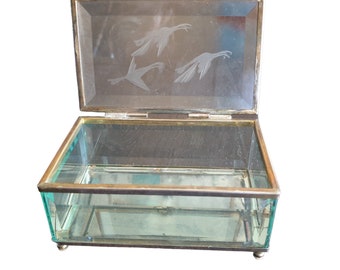 Antique or vintage facet glass and brass trinket box with etched birds