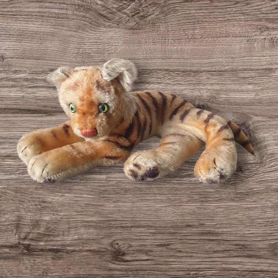 Steiff Vintage Lying Tiger Cub Mohair Collectible 1950s Plush Toy