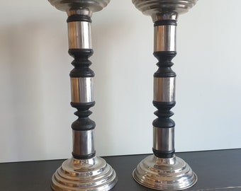 Alter candlesticks black wood and metal sturdy design set with 2 candleholders 1960s or older