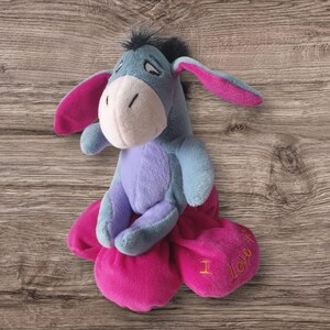 Plush Eeyore on pink flower pillow with I love you text romantic gift collectible Disney Pooh Bear donkey soft toy 20 cm 8 inch high