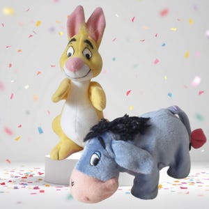 Vintage wind up walking Eeyore plush and MacDonalds plush Rabbit Pooh Bear Winnie the Pooh cartoon movie characters collectible set of 2