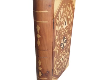 Wood faux book inlaid wood vintage or antique jewelry box handmade