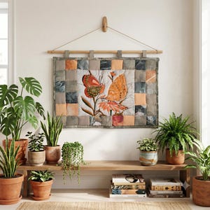 Handmade wall hanging butterfly recycled material sustainable quilted 2d effect 80 x 55 cm unique one of a kind  wall tapestry pale green