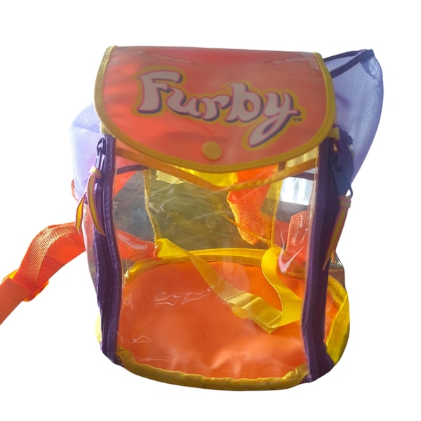 Vintage Furby carry along backpack orange and purple plastic Furby carry along bag with transparent window collectors item 1990s 2000s retro