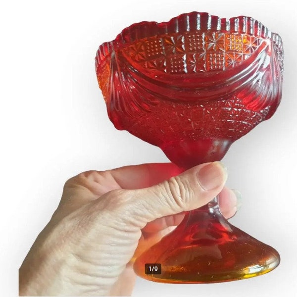 Carnival glass small footed bowl red orange