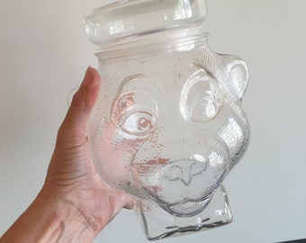 Vintage glass bear head shaped candy jar French 1970s