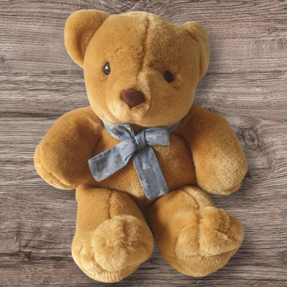 Vintage Happy Horse teddy bear cute light brown plush bear with blue fabric  bow retro soft toy 30 cm inch