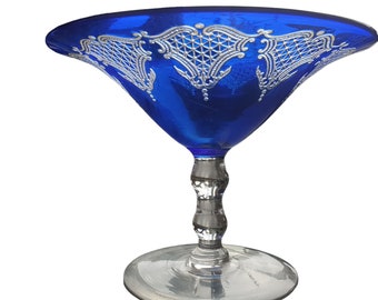 Vintage or antique blue glass with fantastic pattern cobalt blue wide glass