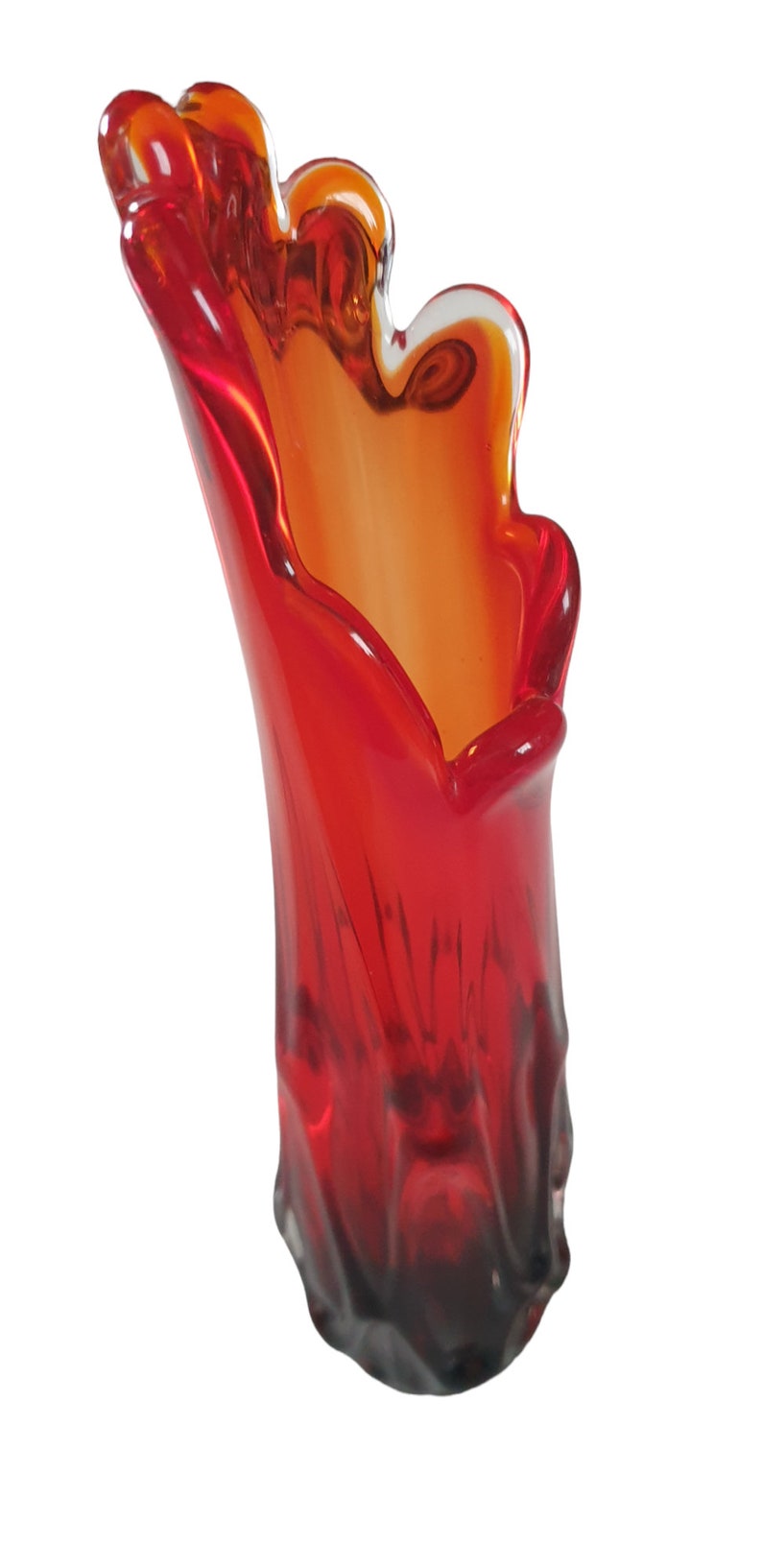 Vintage Glasschaukelvase oder Fingervase in toller rot-orange und grüner Farbe Bild 1