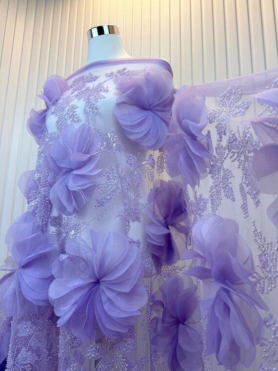 Lilac 3D Floral Mesh Beaded Decor Swiss Embroidered Bridal Party Wedding  Dress Lace Fabric