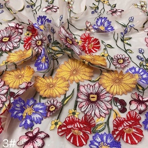 Floral Embroidered Tulle Lace Fabric: Multi-Color Party Dress Material