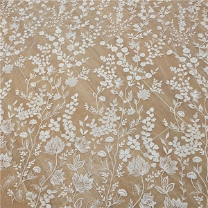 White Ivory Embroidery With Sequins Floral Bridal Wedding Dress Lace Fabric