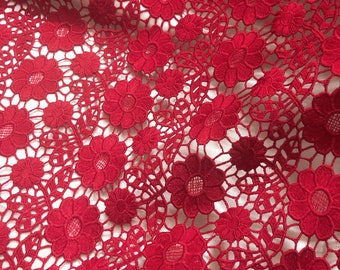 Wine Red Floral Guipure Lace Fabric: Venice Lace Motifs