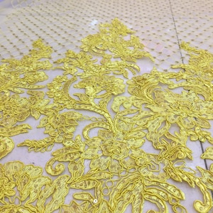Yellow Wedding lace Fabric, sequin lace fabric, French Lace, Yellow lace fabric,black Embroidered lace