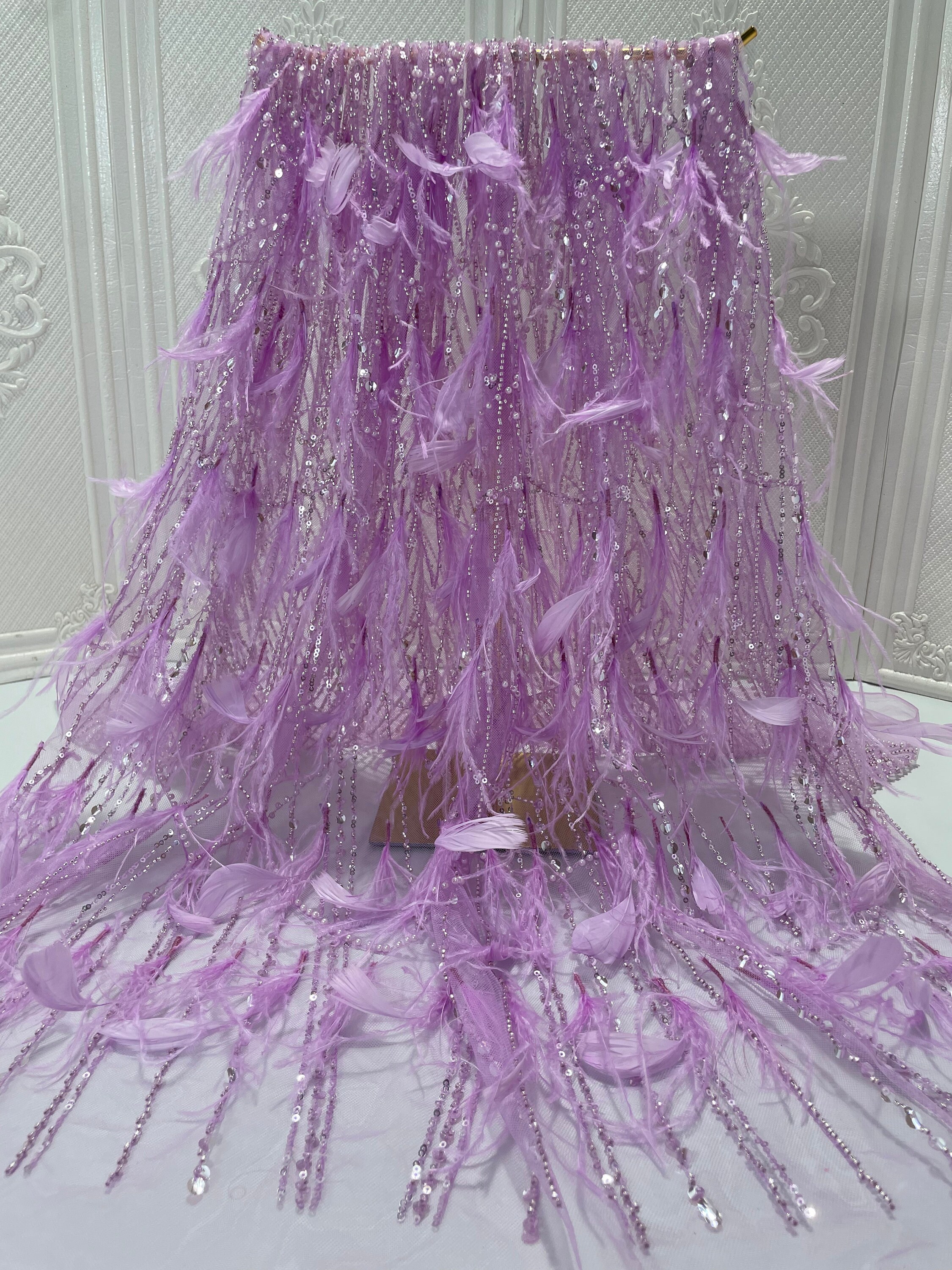 Luxury Evening Wedding Dress Lilac Beaded Embroidered Feathers Fabric