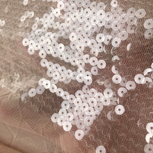 Puede incluir: Paillettes blancas sobre una tela beige transparente. Las lentejuelas están dispuestas en un patrón.