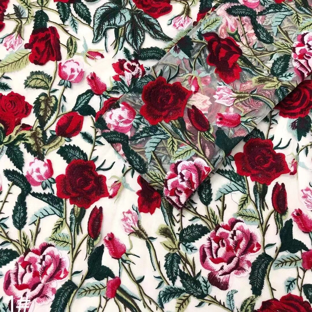 Haute Couture Rose Floral Threadwork Embroidered Cocktail Dress Fabric ...