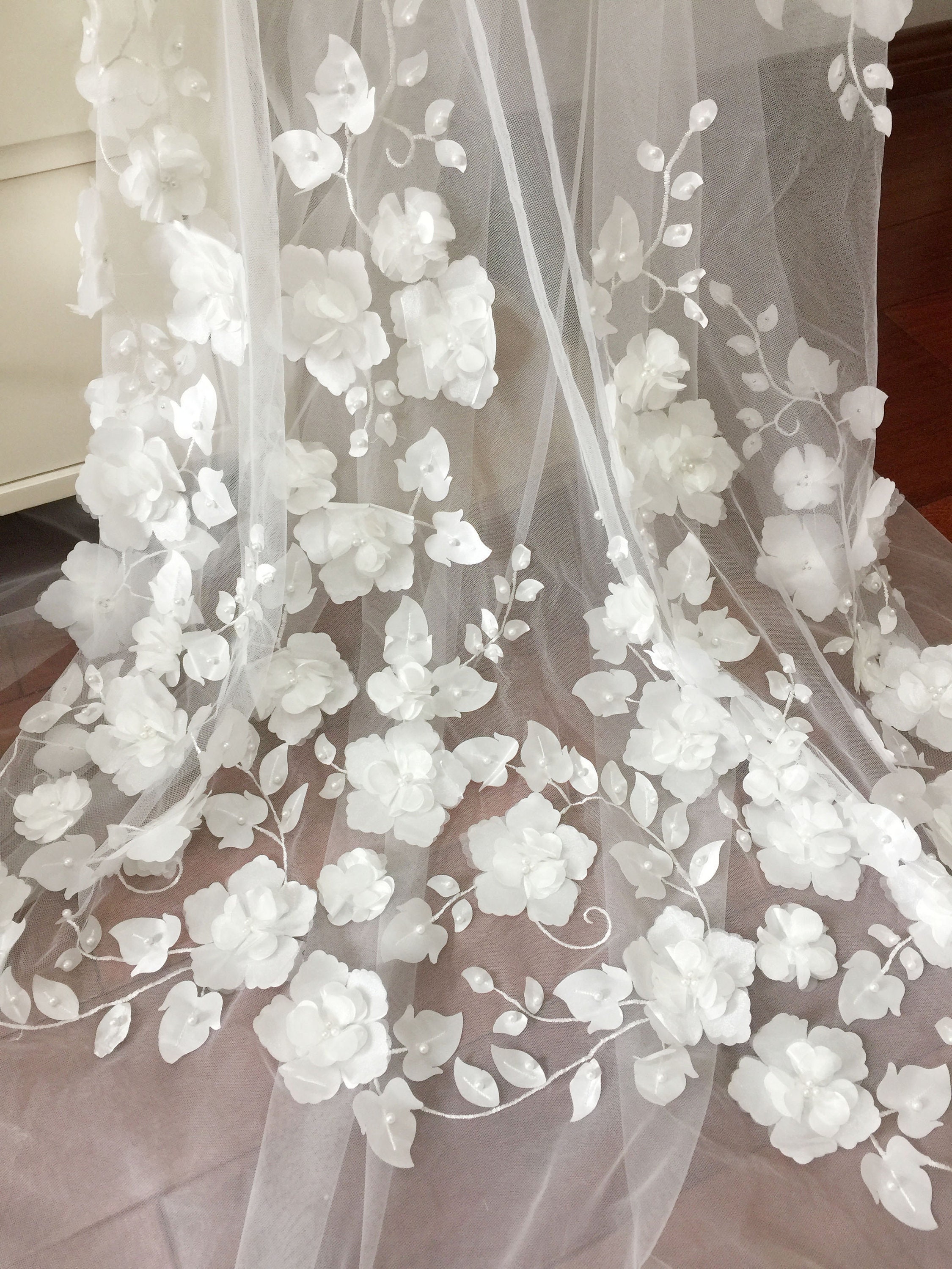 3D Floral White Flower With Pearls Wedding Tulle Embroidery Dress Lace Fabric By The Yard