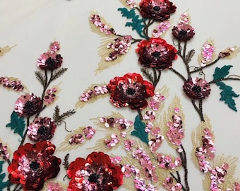 3D Flower Sequins Lace Fabric: Embroidery Beads Dress Material