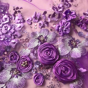 Handmade 3D Purple Rose Flower Lace Fabric: Bridal Dress Embroidery