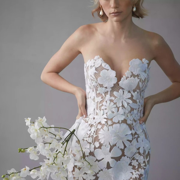 Luxury White 3D Floral Embroidery Flower Haute Couture 3D Flower White Bridal Wedding Dress lace Fabric