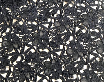 Black Floral Guipure Lace Fabric: Venice Embroidery, 52" Wide