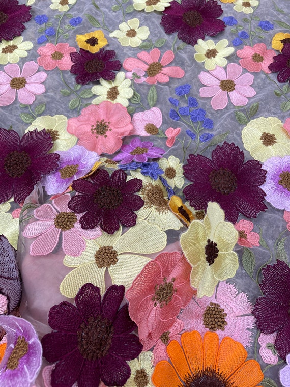 Luxury 3D Floral Multicolor Embroidery Flower Haute Couture 3D Flower Dress  Lace Fabric 
