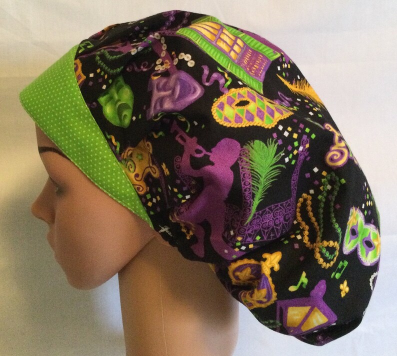 themeprint Surgical Bouffant Hat MARDI GRAS Icons wLime Brim Handmade.