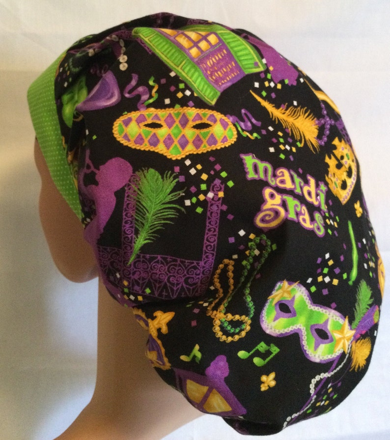themeprint Surgical Bouffant Hat MARDI GRAS Icons wLime Brim Handmade.