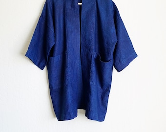 Linen Indigo jacket, over-sized linen cardigan, blue linen duster, indigo dyed blue kimono jacket, relaxed fit kimono cardigan, linen coat