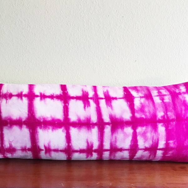 Shibori lumbar throw pillow cover 14x36, hot pink long pillow cover, fuchsia lumbar pillow cover, hand dyed boho pink bolster cushion covers