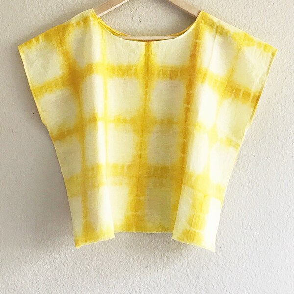 Turmeric shibori dyed women's top, golden yellow geometric linen crop top, relaxed fit hand dyed boxy crop top, ethically made yellow tunic