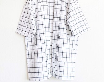 Linen kimono jacket, linen cotton long duster, off white linen kimono, natural and black coat, plaid linen kimono jacket, plaid fall kimono