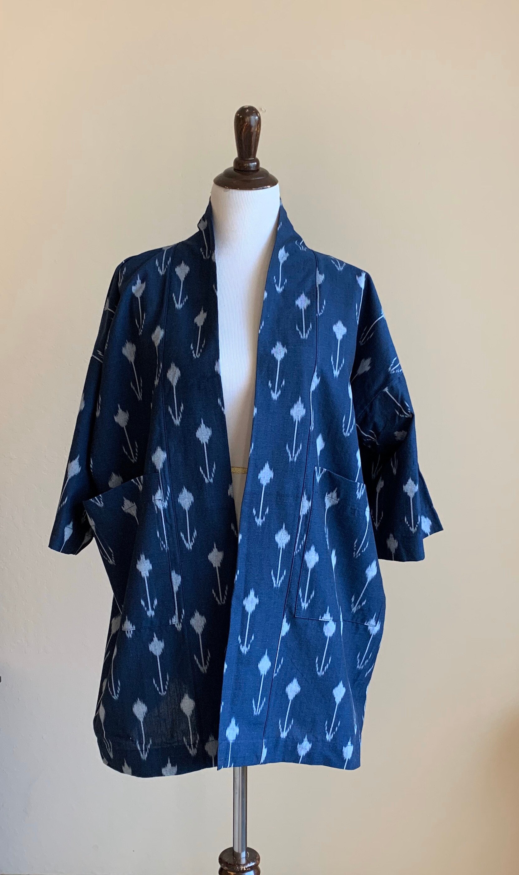 Ikat Blue and White Handwoven Cotton Kimono Jacket Deep Blue | Etsy