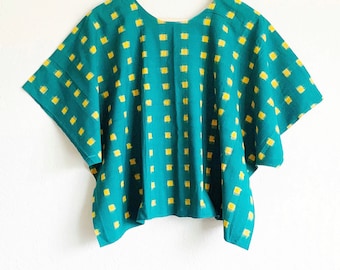 Ikat geometric kimono top, green and yellow handwoven cotton boxy top, sustainable relaxed fit top, over sized hand woven cotton kimono top