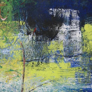 May include: Abstract acrylic painting with a textured surface. The artwork features a mix of colors, including yellow, blue, green, and black. The brushstrokes create a dynamic and expressive composition, with visible layers and a sense of depth.