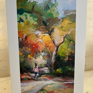 turmericcolor Card, Autumn Stroll” – Fall Greeting Card with Woman and Dog by the Lake, Greeting Card,  Birthday card, Companionship