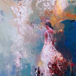 May include: A painting of a woman in a white dress standing in front of a colorful abstract background. The woman is facing away from the viewer and her hair is pulled back. The background is a mix of blues, greens, and yellows.