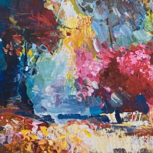 May include: Abstract painting with vibrant colors, including pink, red, yellow, blue, and green. The painting features a variety of brushstrokes and textures, creating a dynamic and expressive composition.
