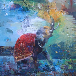 turmericcolor print,  Decorative Elephant, Room Decor, Animal, Colorful Elephant, 7.5x7.5 inches print, Include 2.25 inches  white color mat